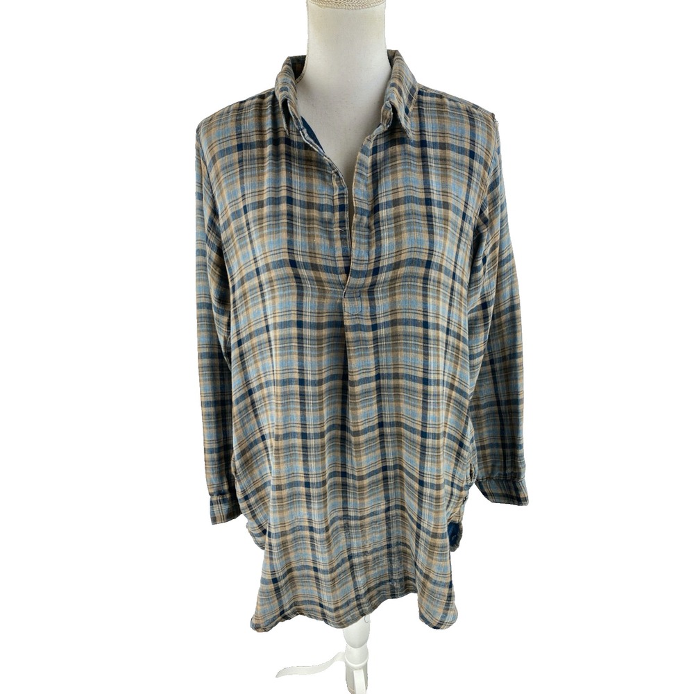Dolma Womens L Gauze Tartan Plaid Tunic Blouse Pockets Lagenlook